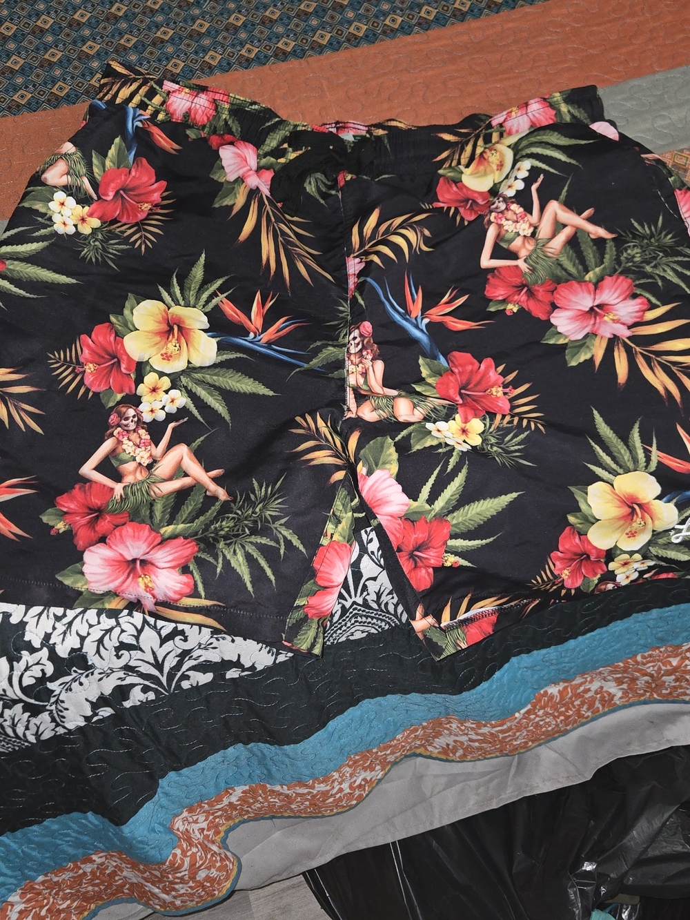 LRG Black Tropical Floral Swim Trunks with Red & Yellow Accents